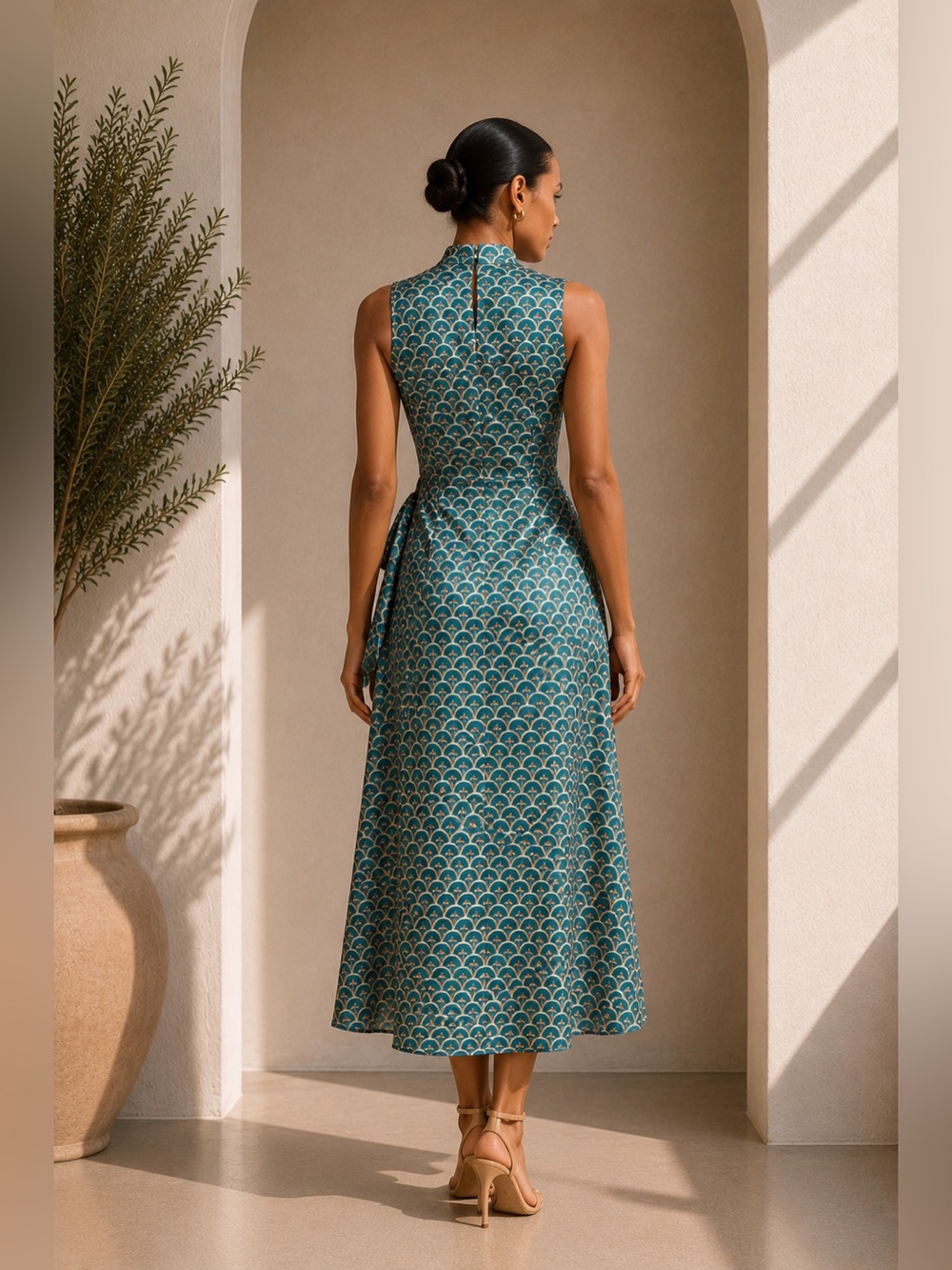 Commense Teal Scallop-Print Asymmetrical Mock-Neck Dress with Side Tie - Picture 2 of 7
